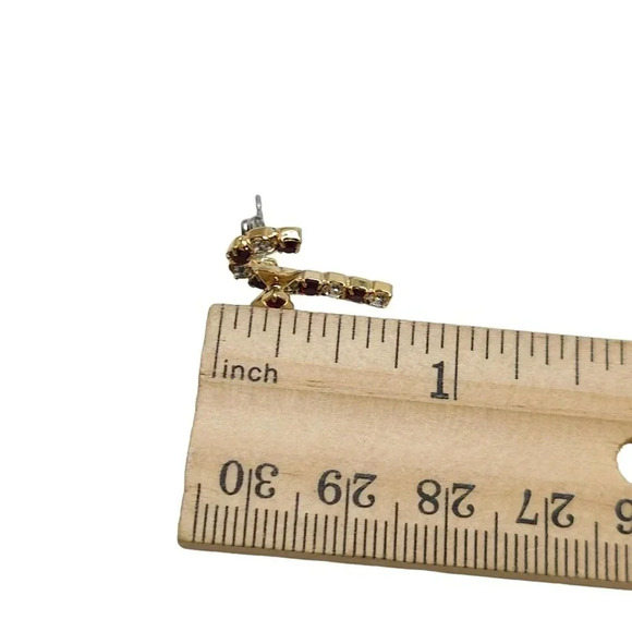 Clear Red Rhinestone Candy Cane Bow Christmas Stud Earrings Gold Tone Vintage - Picture 4 of 4